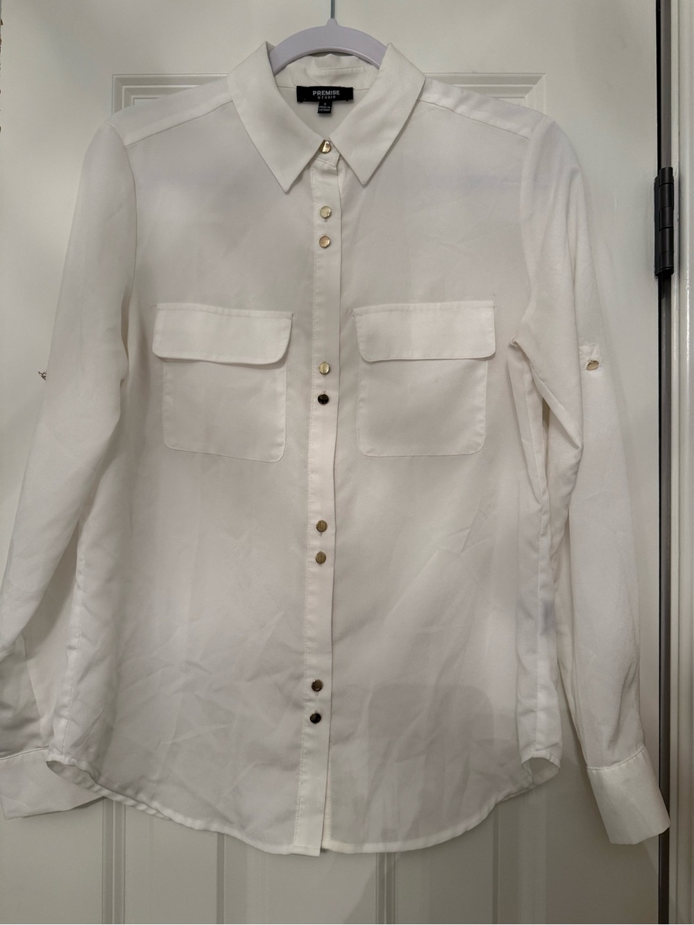 Premise White Button-Front Collared Blouse with Chest Pockets